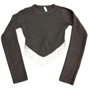 Top With Rhinestone Fringe Hem Black Ribbed Long-Sleeve Womens